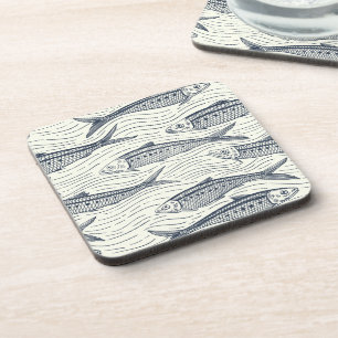 Sardines in Motion in navy and ivory Coaster