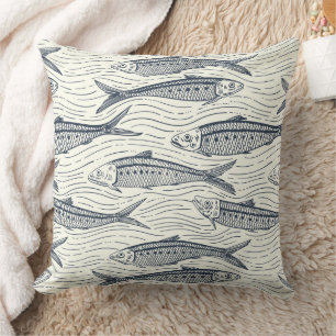 Sardines in Motion in navy and ivory Cushion