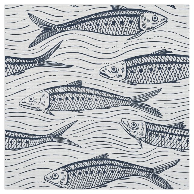 Sardines in Motion in navy and ivory Fabric (Swatch)