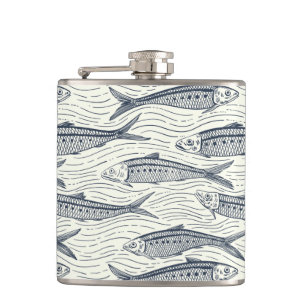 Sardines in Motion in navy and ivory Hip Flask