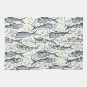 Sardines in Motion in navy and ivory Tea Towel