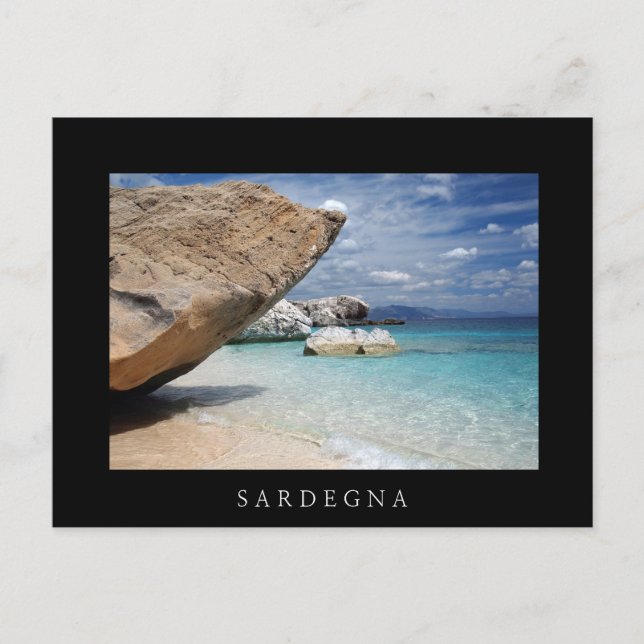 Sardinia beach with big rocks black postcard (Front)