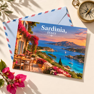 Sardinia Italy Sunset Turquoise Bay Travel Postcard