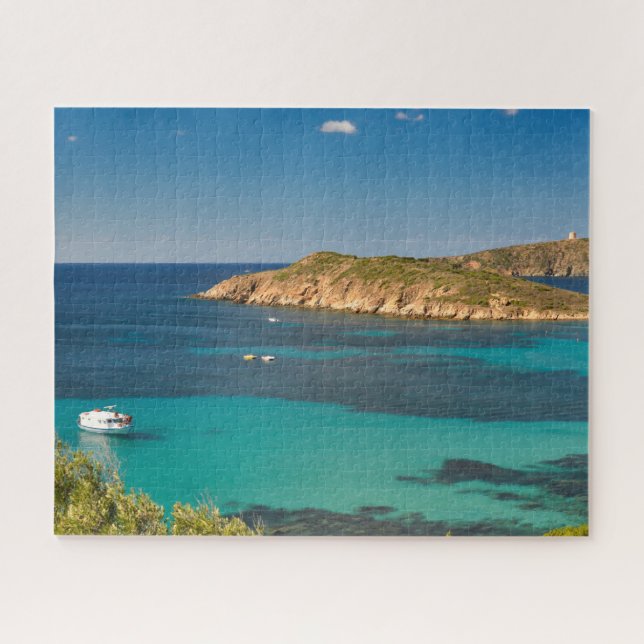 Sardinian blue sea and sky with boats and cliff jigsaw puzzle (Horizontal)