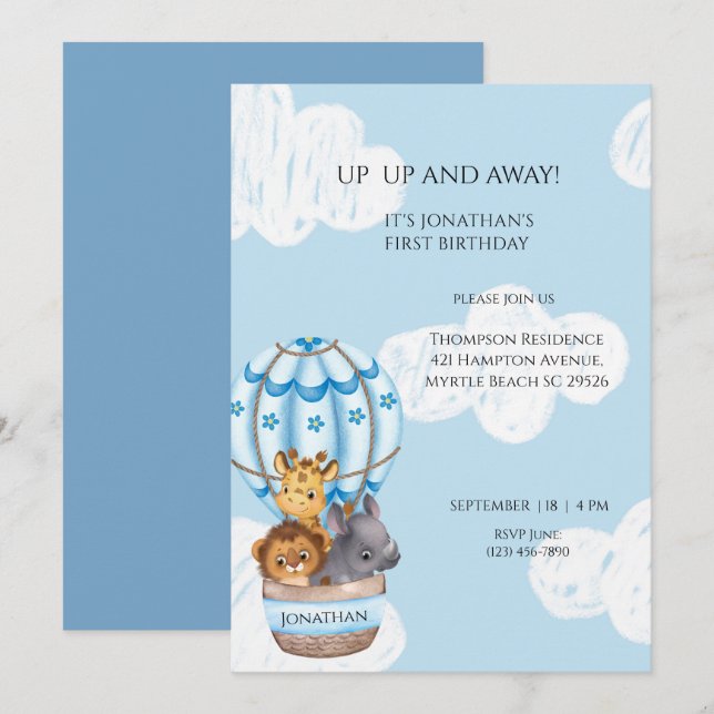 Sarfari Animal Hot Air Balloon Boys First Birthday Invitation (Front/Back)
