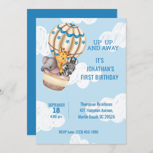 Sarfari Animal Hot Air Balloon Boys First Birthday Invitation