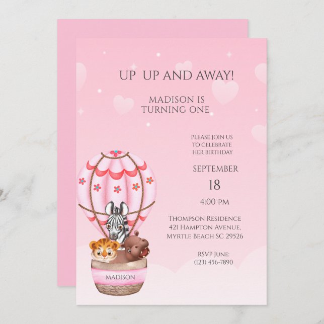 Sarfari Animal Hot Air Balloon Girl First Birthday Invitation (Front/Back)