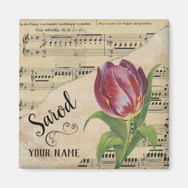 Sarod Tulip Vintage Sheet Music Customised Magnet (Front)