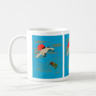 Sarus crane flying above turtle in the sea coffee mug