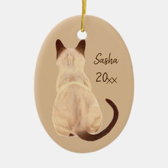Sasha Siamese Cat Sitting Back View Kitty Custom Ceramic Tree Decoration (Front)