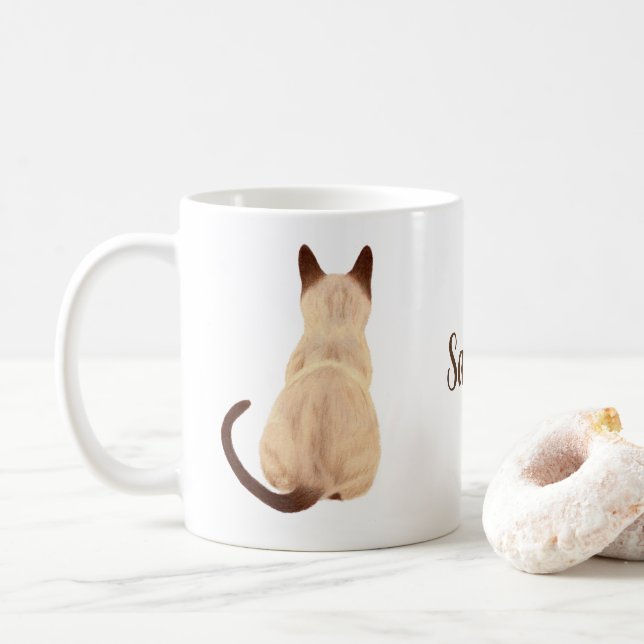 Sasha Siamese Cat Sitting Back View Kitty Custom Coffee Mug (With Donut)