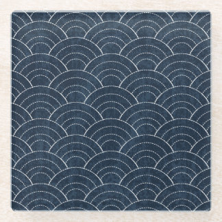 Sashiko Embroidery: Indigo Japanese Pattern. Glass Coaster