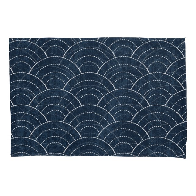 Sashiko Embroidery: Indigo Japanese Pattern. Pillowcase (Front)