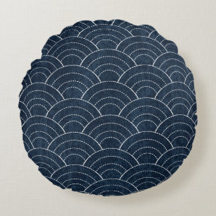 Sashiko Embroidery: Indigo Japanese Pattern. Round Cushion