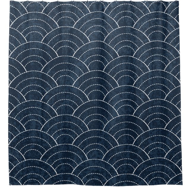 Sashiko Embroidery: Indigo Japanese Pattern. Shower Curtain (Front)
