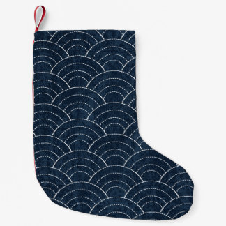 Sashiko Embroidery: Indigo Japanese Pattern. Small Christmas Stocking