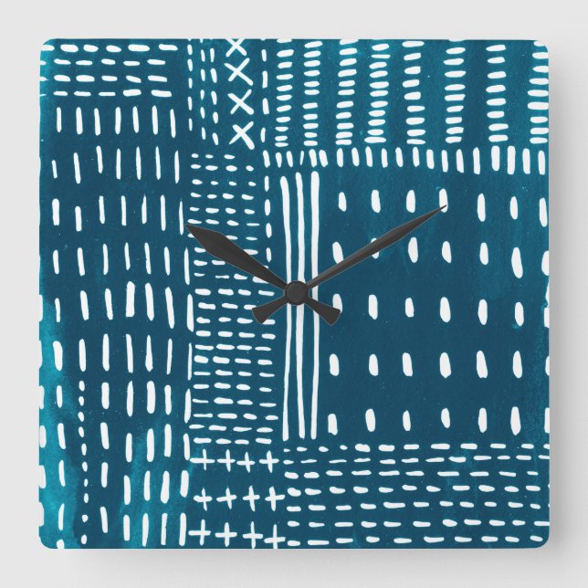 Sashiko Stitches Square Wall Clock (Front)