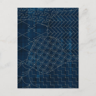 Sashiko-style embroidery imitation postcard