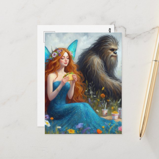 Sashquatch and a Fairy on a Picnic Postcard (Front/Back In Situ)