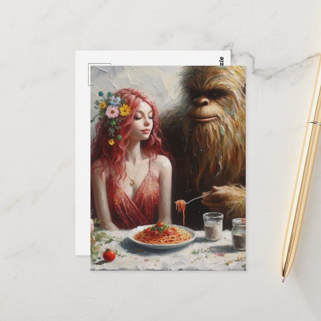 Sashquatch and His Date on Spaghetti Night Postcard (Front/Back In Situ)