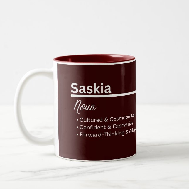 Saski Girl Name Definition Personalized Two-Tone Coffee Mug (Left)