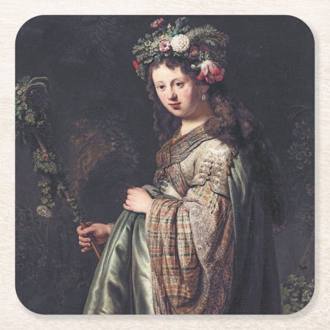 Saskia van Uylenburgh as Flora, Rembrandt, 1634 Square Paper Coaster (Front)
