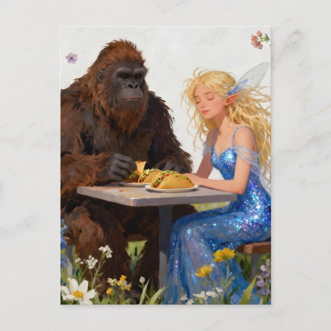 Sasquatch and a Fairy Eating Tacos Postcard (Front)