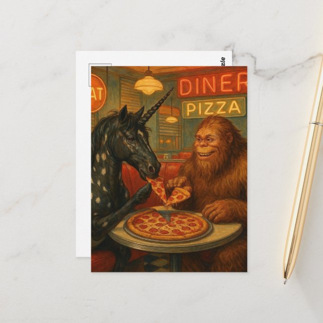 Sasquatch and a Unicorn Appaloosa Eating Pizza Postcard (Front/Back In Situ)