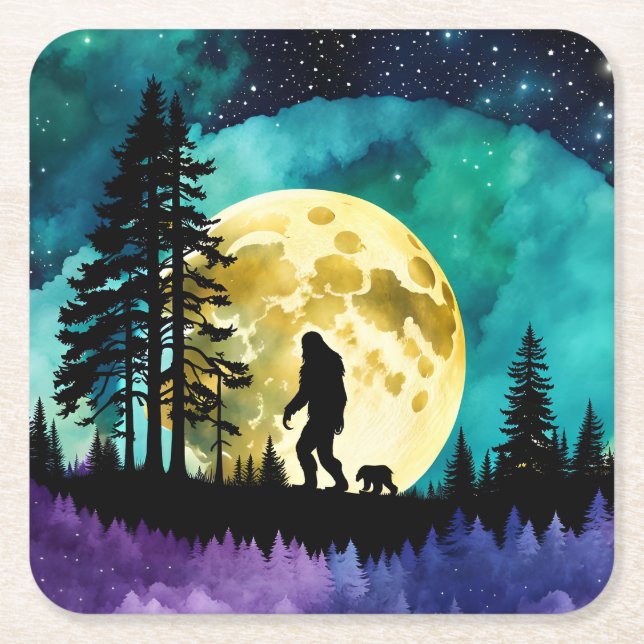 Sasquatch and Bear on the mountain *personalise* Square Paper Coaster (Front)