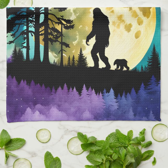 Sasquatch and Bear on the mountain Tea Towel (Folded)