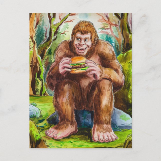 Sasquatch and the Cheesburger in a Mossy Forest Postcard (Front)