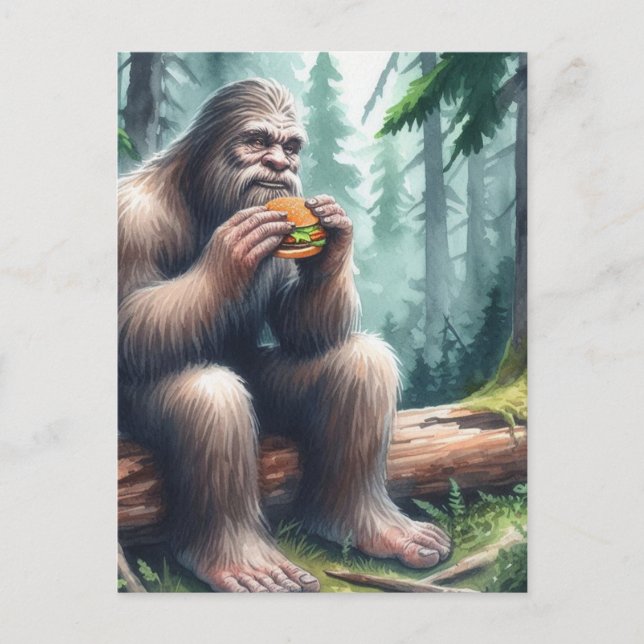 Sasquatch and the Cheesburger Watercolor Forest Postcard (Front)