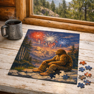 Sasquatch at Mount Rushmore Fireworks Night Jigsaw Puzzle