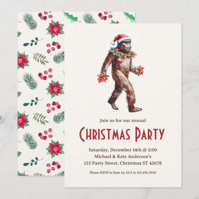 Sasquatch Big Foot in a Santa Hat Christmas Party Invitation (Front/Back)