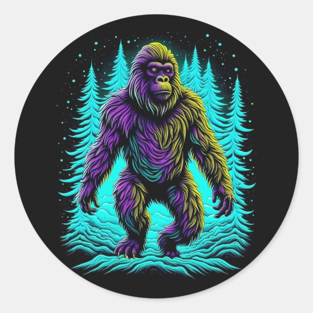 Sasquatch Bigfoot in Teal and Black Classic Round Sticker (Front)