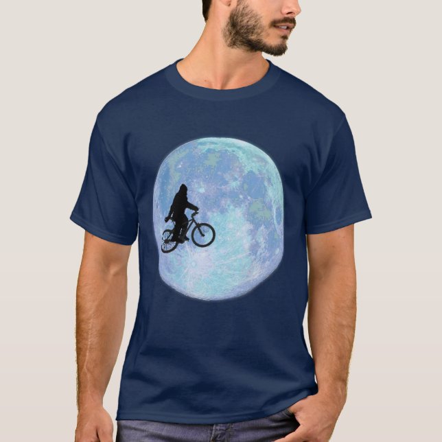 Sasquatch/Bigfoot On Bike In Sky With Moon T-shirt (Front)