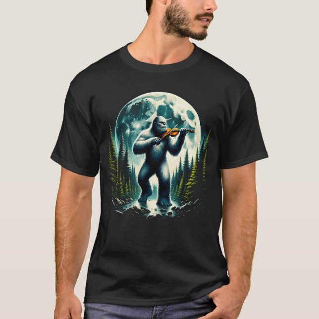 Sasquatch Bigfoot Playing Fiddle on Full Moon T-Shirt (Front)