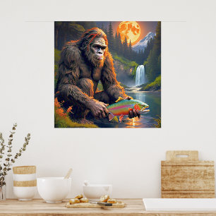 Sasquatch Catching Rainbow Trout Poster