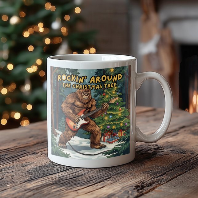 Sasquatch Guitar Rockin' Around Christmas Tree Coffee Mug (Creator Uploaded)