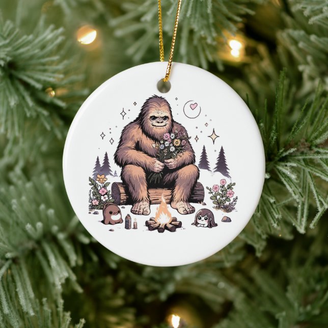 Sasquatch Holding Flowers Ceramic Ornament (Tree)