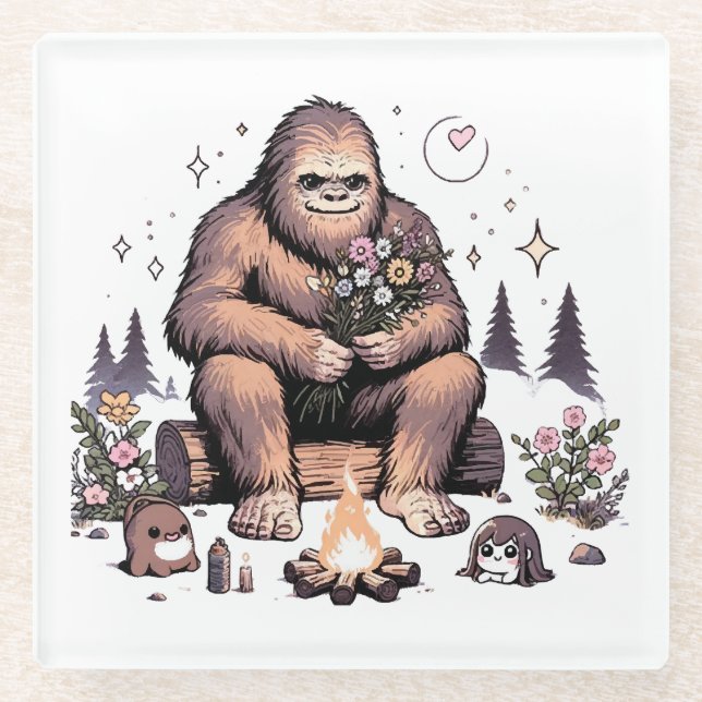 Sasquatch Holding Flowers Glass Coaster (Front)