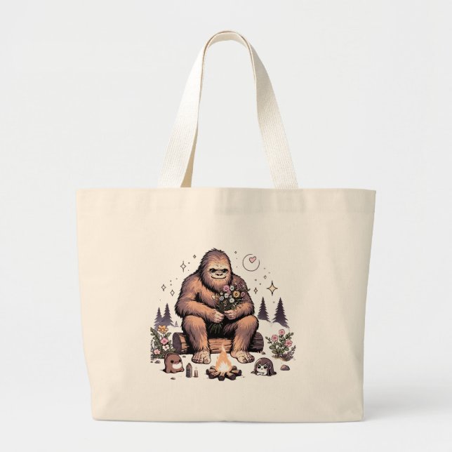 Sasquatch Holding Flowers Large Tote Bag (Front)
