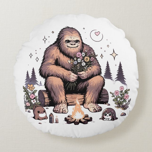 Sasquatch Holding Flowers Round Cushion (Front)