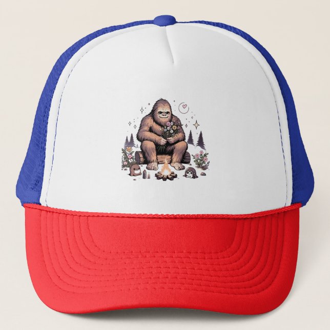 Sasquatch Holding Flowers Trucker Hat (Front)