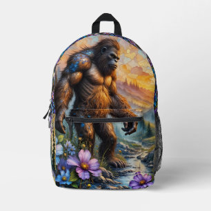 Sasquatch in Floral Mountain valley Printed Backpack