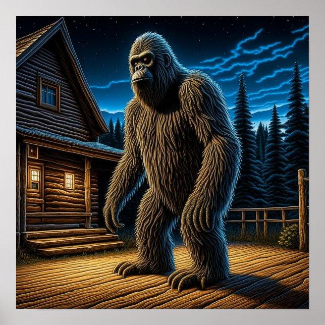 Sasquatch in front of Log Cabin in the Woods Poster (Front)