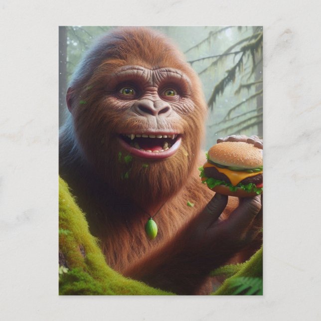 Sasquatch in mossy forest with Cheeseburger Postcard (Front)