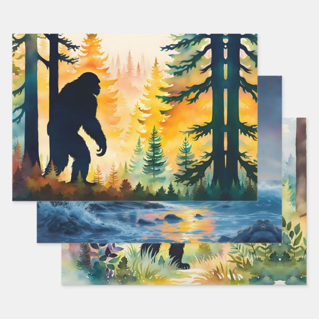 Sasquatch Landscape and Sunset Wrapping Paper Sheet (Set)