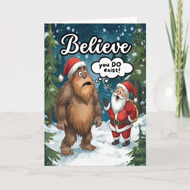 Sasquatch Meets Santa Believe Christmas Holiday Card (Front)