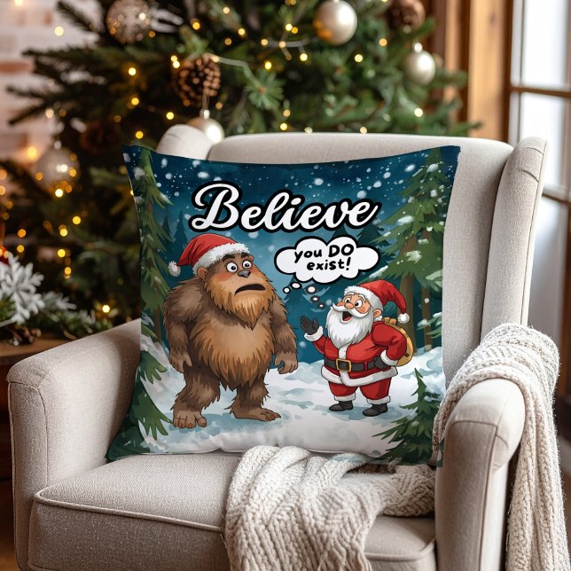 Sasquatch Meets Santa Funny I Believe Christmas Cushion (Creator Uploaded)